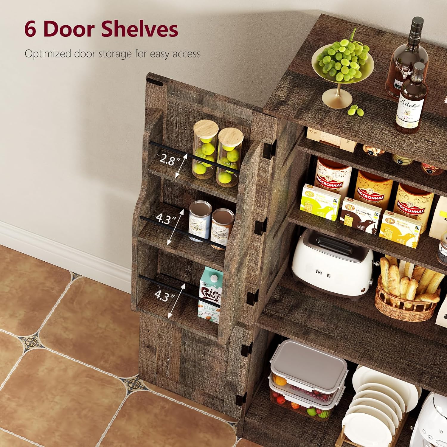 TEENFON Storage Cabinet with 4 Doors, 43.3" H Farmhouse Kitchen Cabinet with 6 Door Shelves, Kitchen Storage Cabinets with Adjustable Shelves, for Living Room, Antique Oak