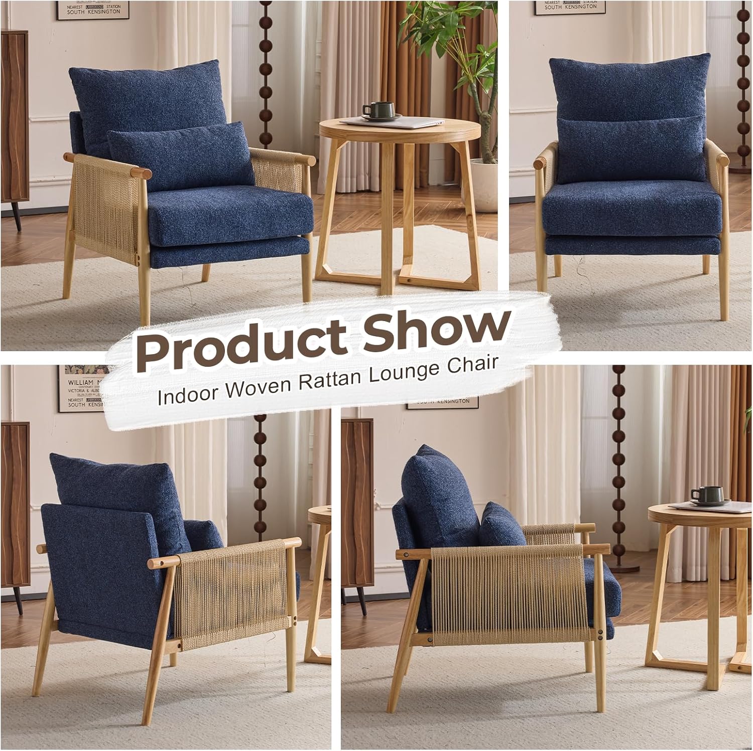 Karl home Cozy Chenille Accent Chair with Lumbar Pillow & Rattan Arms Modern Lounge Chair for Living Room, Bedroom, Reading Nook, Blue