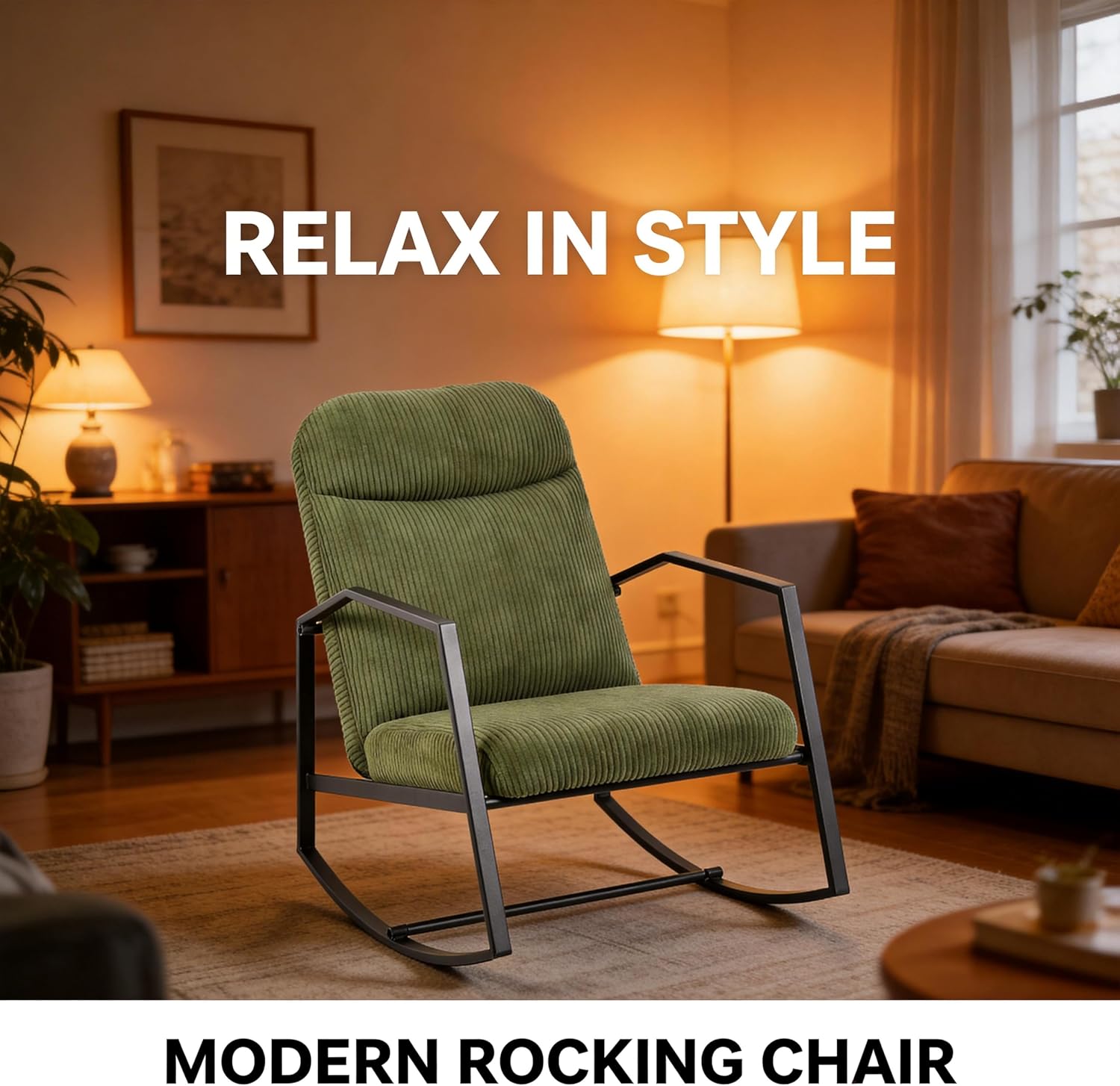 Kinfant Mid Century Modern Rocking Chair, Corduroy Upholstered Accent Chair with Metal Frame, High Back Nursery Glider Rocker, Comfy Reading Lounge Chair for Living Room Bedroom Small Space Green