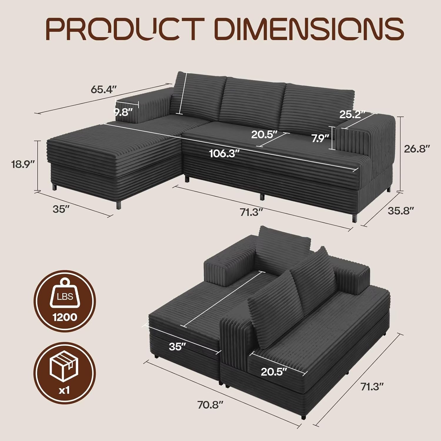 106" Cloud Sectional Sofa with Chaise Lounge, Modular L Shaped Couch with Iron Frame, Modern Fluffy Corduroy Couches for Living Room, Bedroom, Office, Left Facing Chaise, Gray