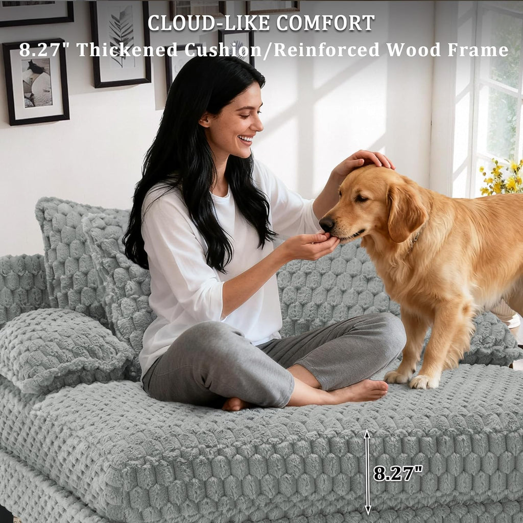 Faux Fur Chaise Lounge Indoor with Adjustable Backrest, 59 Inches Single Sleeper Sofa Chair with 3 Lumbar Pillows, Upholstered Oversized Lounge Chair for Living Room, Bedroom, Office