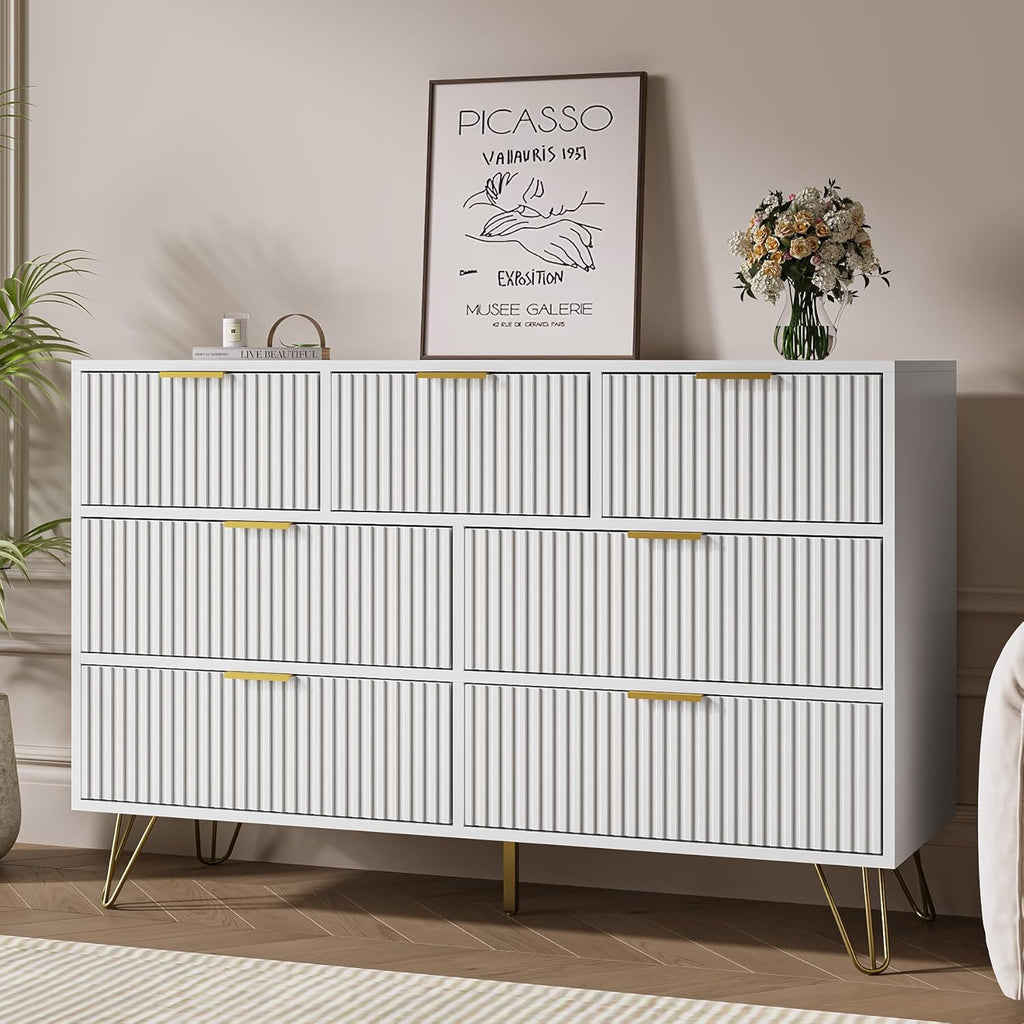 White Dresser for Bedroom, 7 Drawer Dresser with Gold Pulls, Wide Chest of Drawers for Bedroom, Entryway, 47.2" L x 15.7" D x 31.4" H