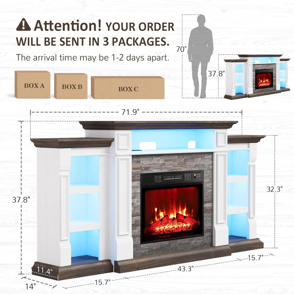 Naice 72" Electric Fireplace with Mantel and Cabinets, Fireplace TV Stand for Living Room Bedroom, LED Light & Power Outlet, 23in Realistic Flame Fireplace and Stacked Stone Surround, Brown