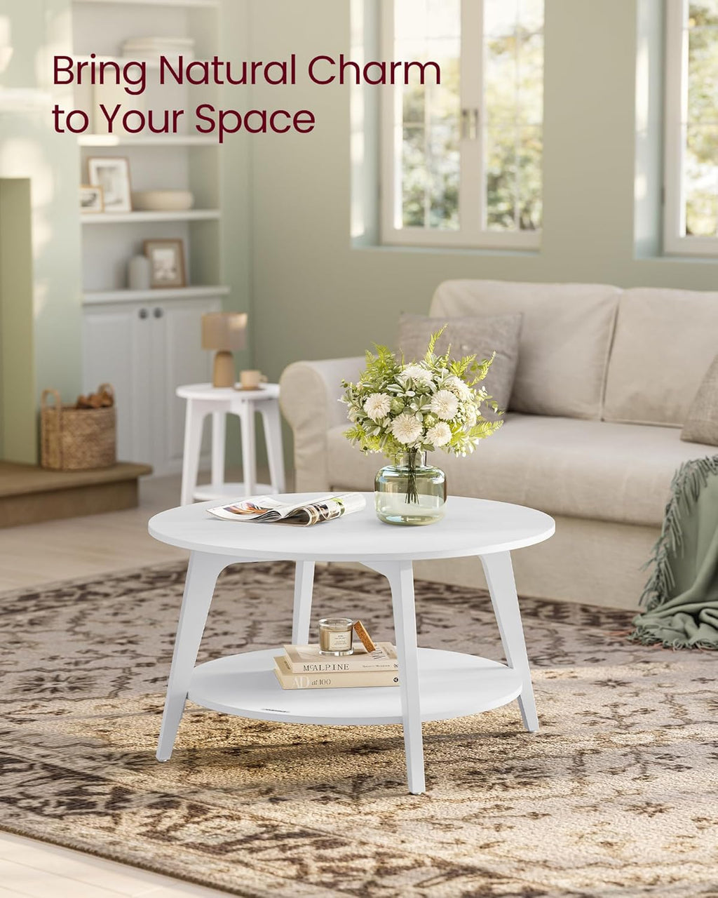 VASAGLE MAEZO Collection - Round Coffee Table, 2-Tier Center Table with Storage, Tapered Legs, Curved Transitions, 31.5 Dia. x 17.7 H Inches, Easy Assembly, for Living Room, Snow White ULCT243W14