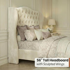 Queen Size Velvet Upholstered Platform Bed Frame, 56" Tall Wingback Headboard with Deep Diamond Tufting, Solid Metal Support (1000lbs), No Box Spring Needed, Cream