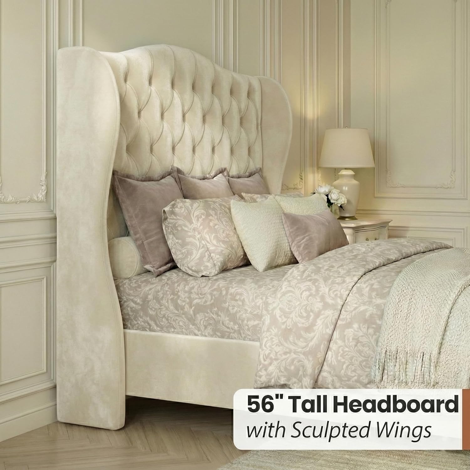 Queen Size Velvet Upholstered Platform Bed Frame, 56" Tall Wingback Headboard with Deep Diamond Tufting, Solid Metal Support (1000lbs), No Box Spring Needed, Cream