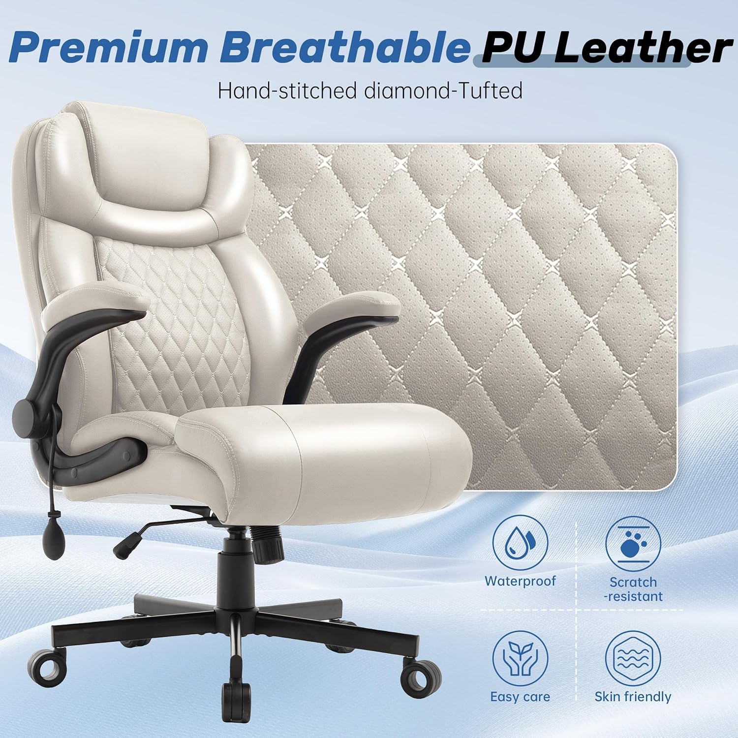 550LBS Big and Tall Office Chair, Comfy Heavy Duty Executive Chair with Adjustable Lumbar Support Double Spaces Casters, PU Extra Wide Seat Ergonomic Computer Desk Chair for Back Pain, BEIGEWHITE