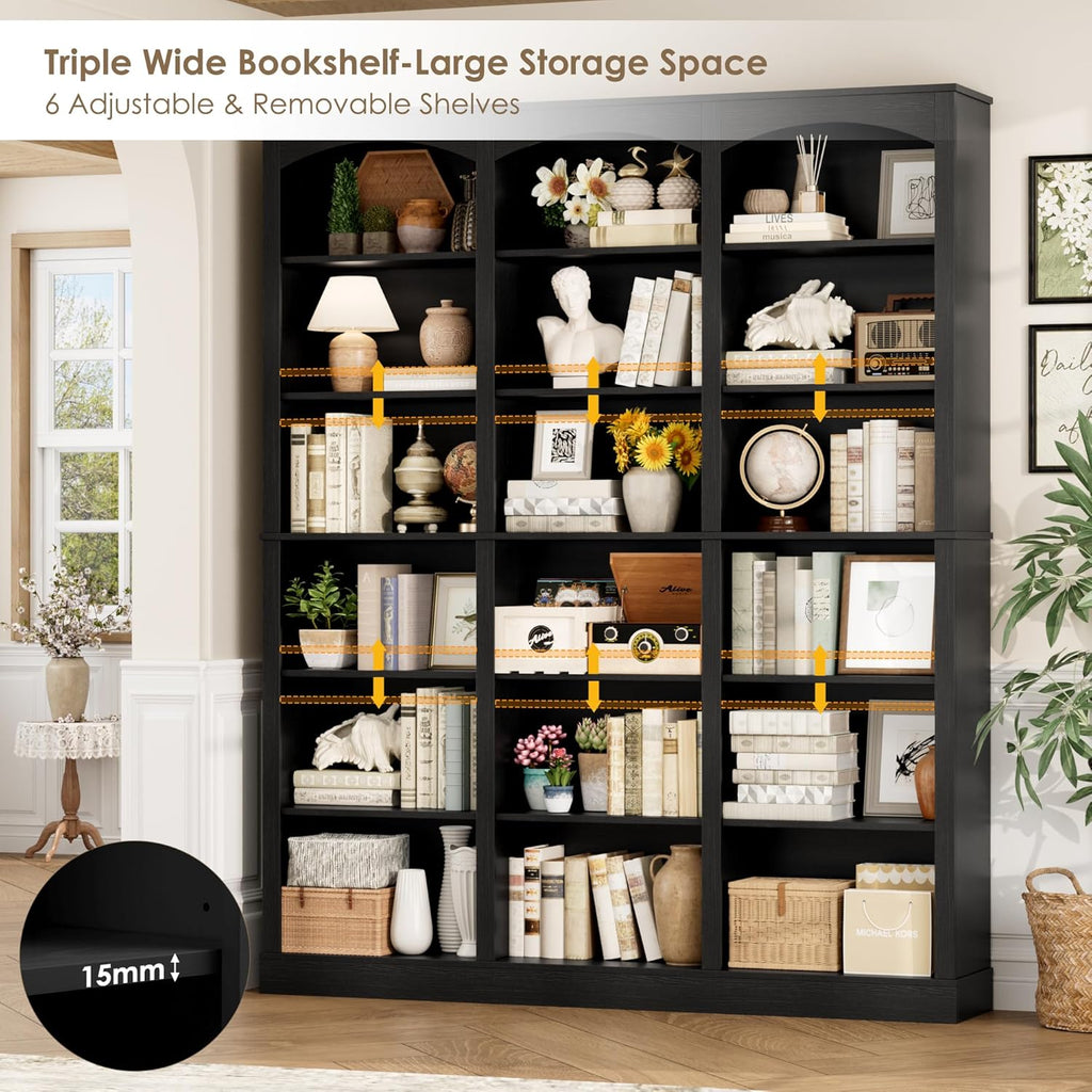 FACBOTALL 71" Triple Wide Bookshelf, 6 Tier Tall Bookshelf, Large Book Shelf with Curved Baffle, 63.4" Wide Bookcase with 18 Open Display Shelves for Living Room, Study, Black