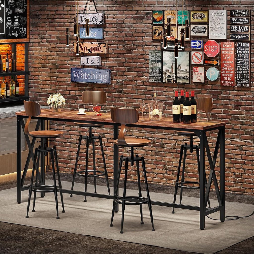 CHOEZON 70.9'' Bar Table, Kitchen Dining Table with Power Outlet and Footrest, Industrial Style, for Pub, Living Room, Rustic Brown and Black TBT08UBF