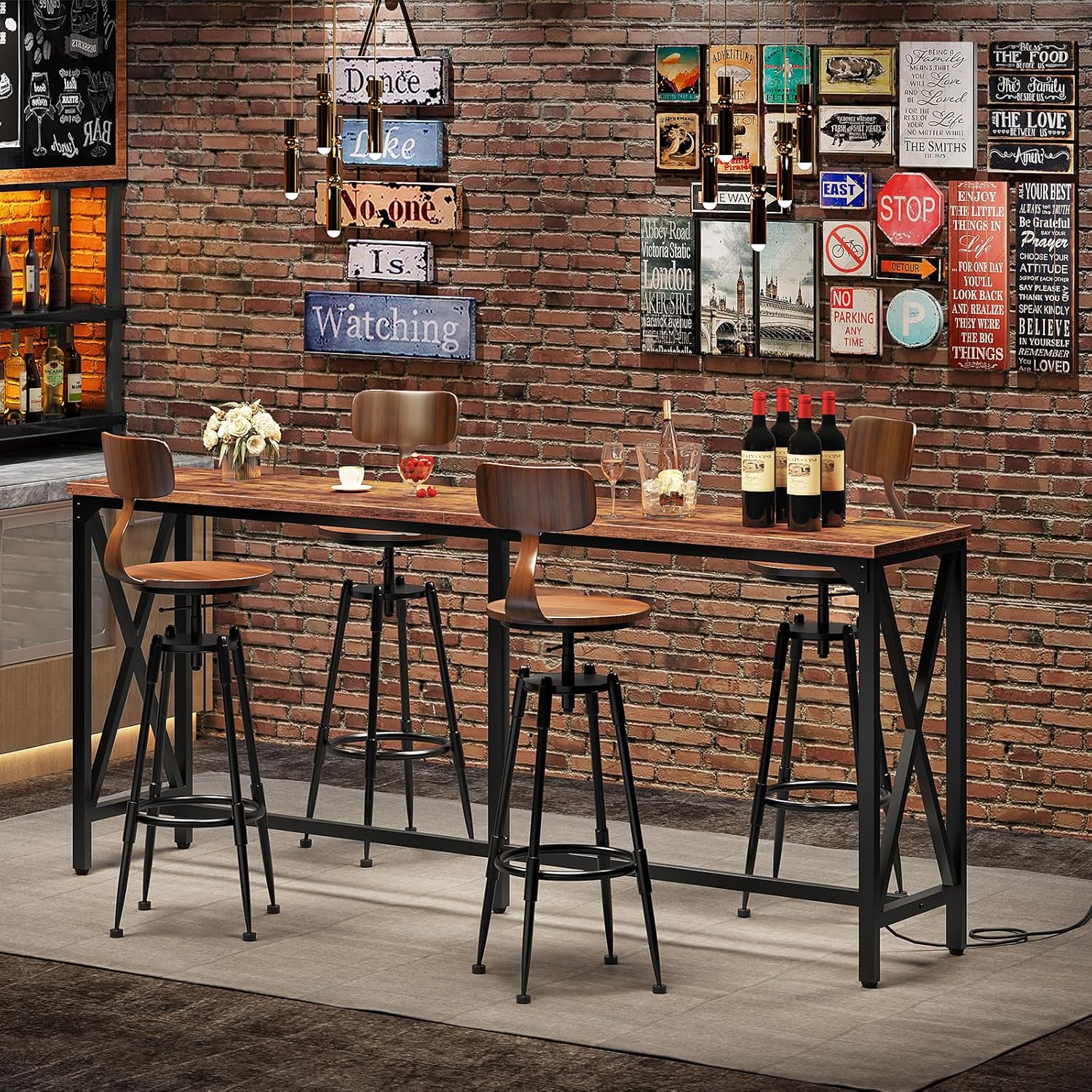 CHOEZON 70.9'' Bar Table, Kitchen Dining Table with Power Outlet and Footrest, Industrial Style, for Pub, Living Room, Rustic Brown and Black TBT08UBF