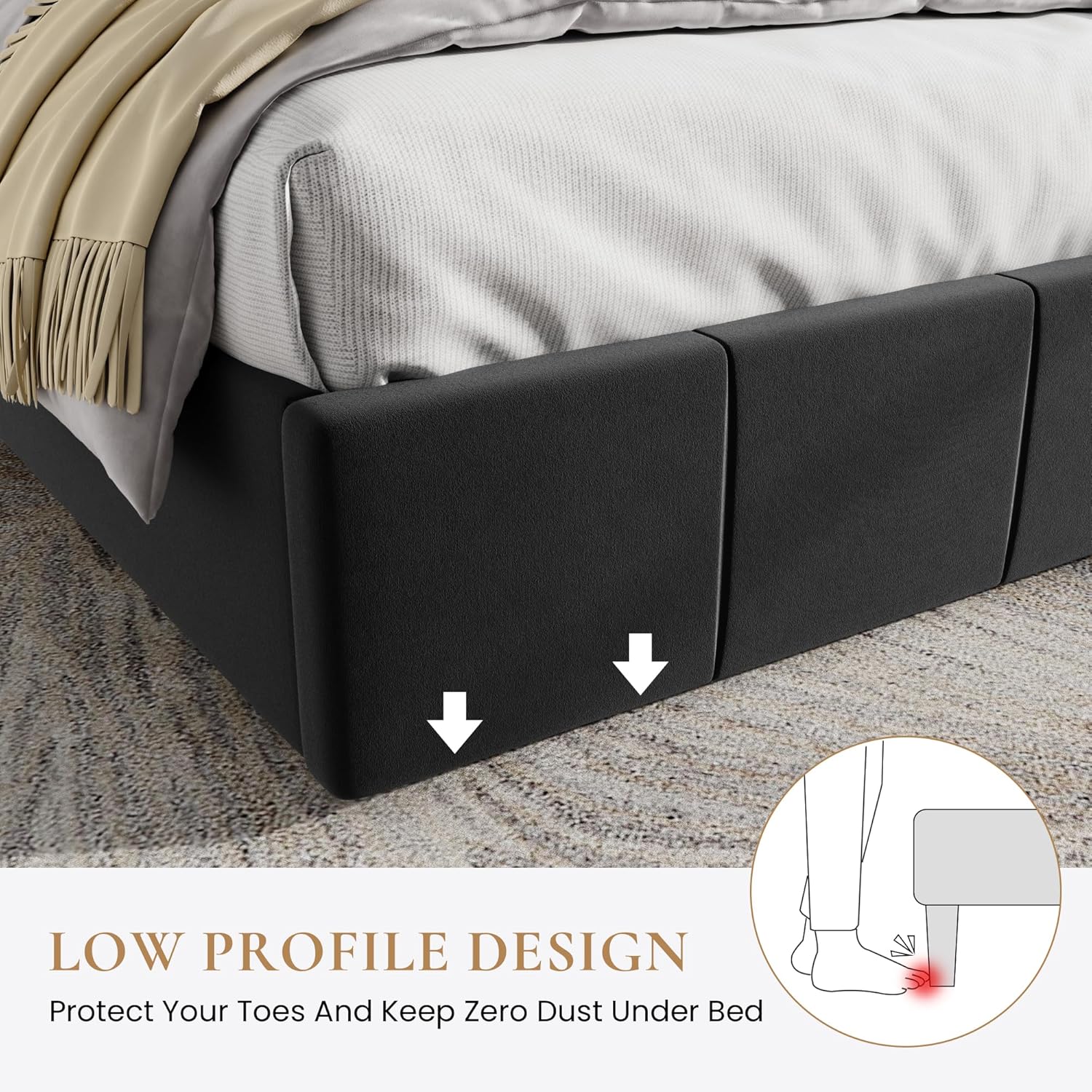 SHA CERLIN King Size Bed Frame, Velvet Upholstered Platform Bed, Vertical Channel Tufted Adjustable Headboard, Low Profile Bed Frame, No Box Spring Needed, Easy Assembly, Black