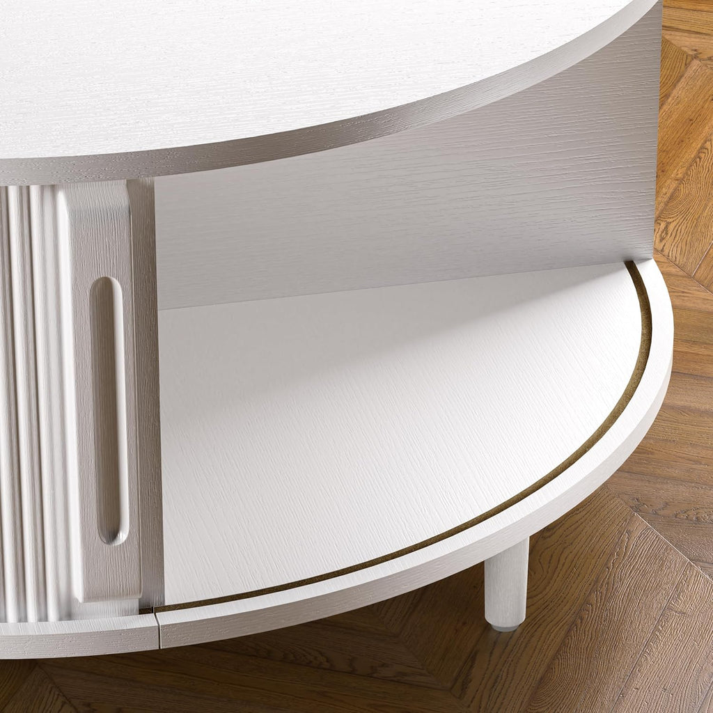 Round Coffee Table, 31.5" Fluted Center Table with Storage, Lift-Top Coffee Table with Adjustable Footpads, Sliding Door, Mid-Century Modern Center Table for Living Room, Small Space (White)