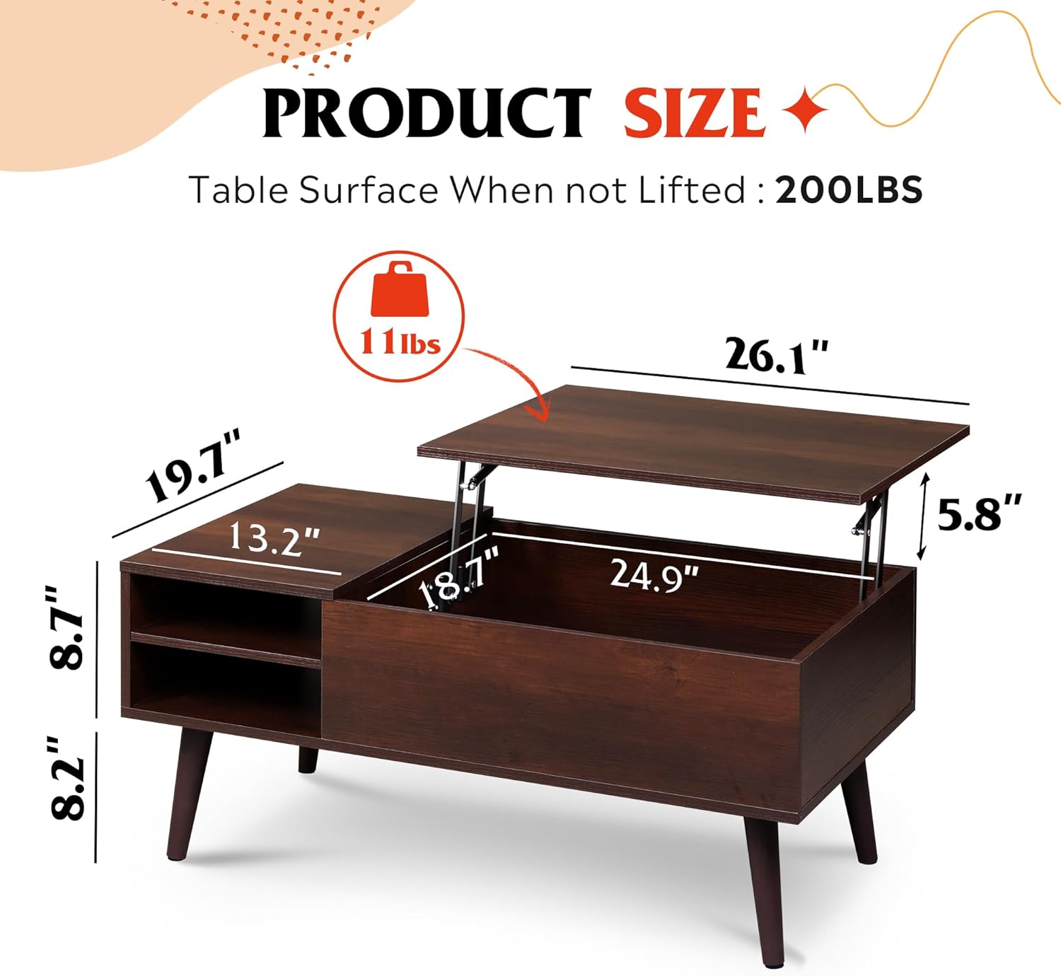 WLIVE Lift Top Coffee Table for Living Room,Small Coffee Table with Storage,Hidden Compartment and Adjustable Shelf,Mid Century Modern, Wood,Cherry,Espresso.