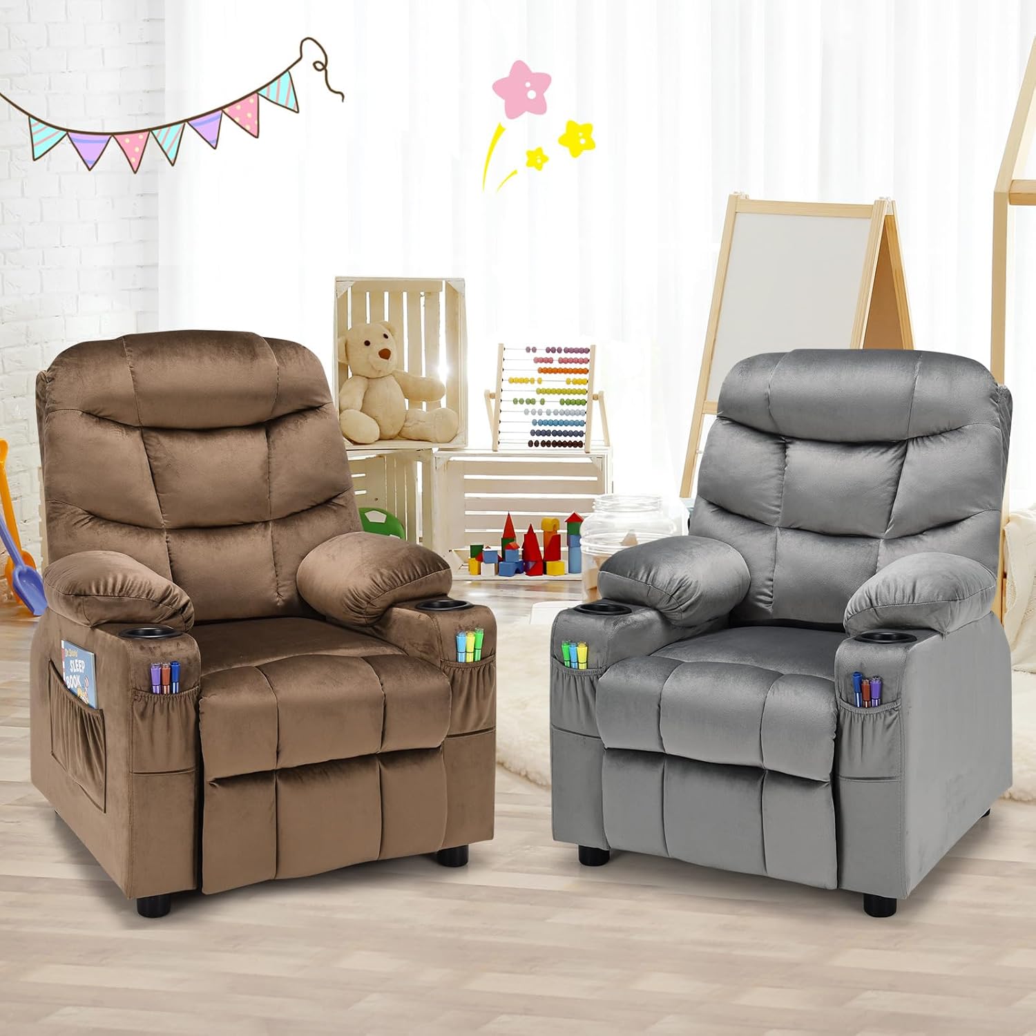 MAT EXPERT Kids Recliner, Velvet Adjustable Reading Chair w/ 2 Cup Holder, 3 Side Pocket Storage & Footrest, Kids Couch Gaming Chair, Toddler Lounge Chair for Boys Girls, Kids Room Playroom (Grey)