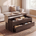 Coffee Table Lift Top with 2 Drawers, 40 Inch Multi-Function Coffee Table with Hidden Compartment, Curved Profile Design, Converts to Home Office Table for Living Room, Walnut