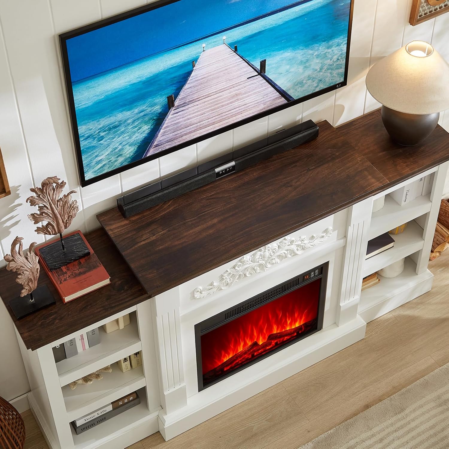 SOOWERY Electric Fireplace with Mantel, Fireplace TV Stand with Replaceable Fireplace Insert and Storage, Farmhouse Entertainment Center with Fireplace Heater for TVs Up to 80", White & Brown