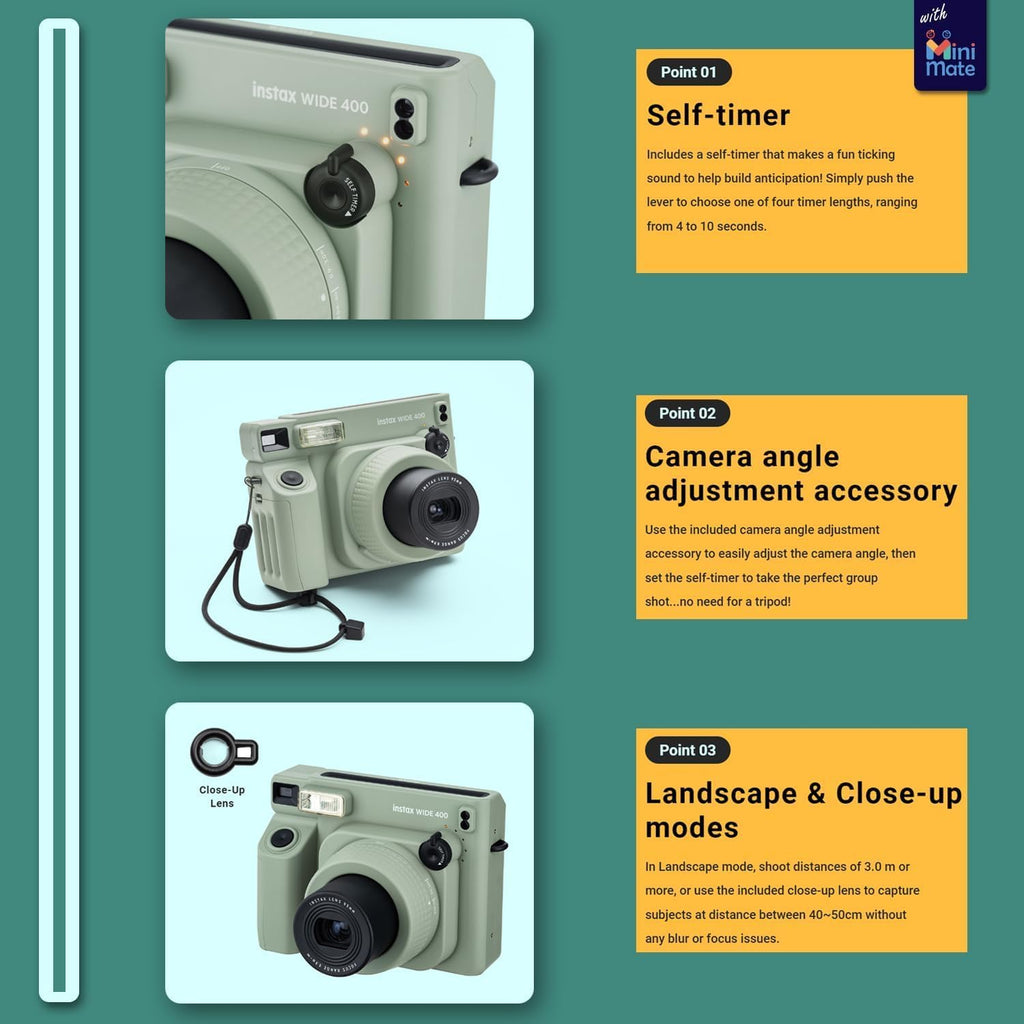 Fujifilm INSTAX Wide 400 Instant Camera - Sage Green with Pixibytes Microfiber Cleaning Cloth (Camera + 2 Wide Twin Packs)