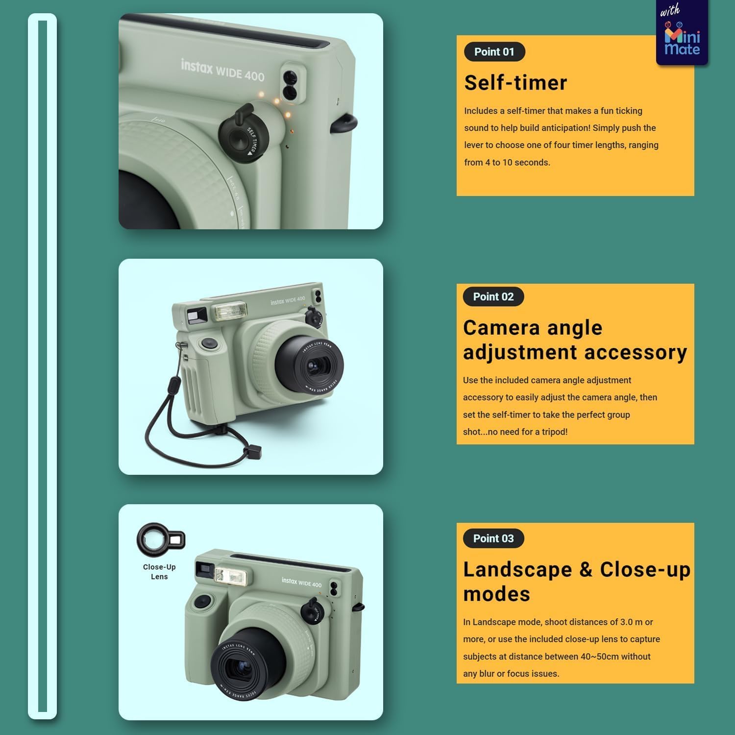 Fujifilm INSTAX Wide 400 Instant Camera - Sage Green with Pixibytes Microfiber Cleaning Cloth (Camera + 2 Wide Twin Packs)