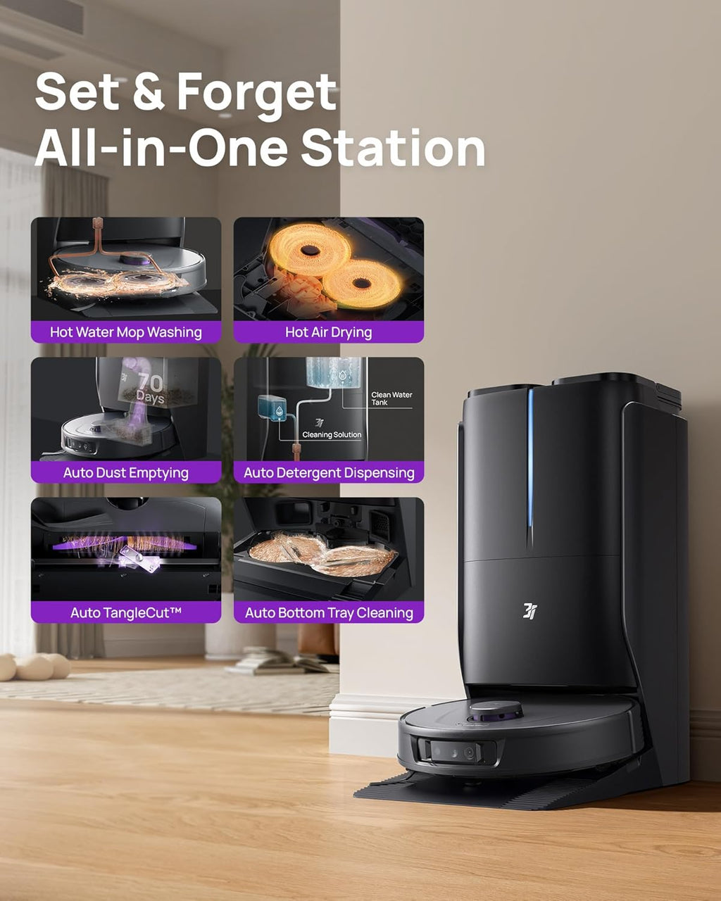 3i P10 Ultra Robot Vacuum and Mop Combo, 18,000 Pa Suction, Self-Emptying, Auto-Extending Edge Mopping, 140℉ Hot-Water Self-Cleaning, LiDAR Navigation, Automatic TangleCut for Pet Hair, 4 Carpet Modes
