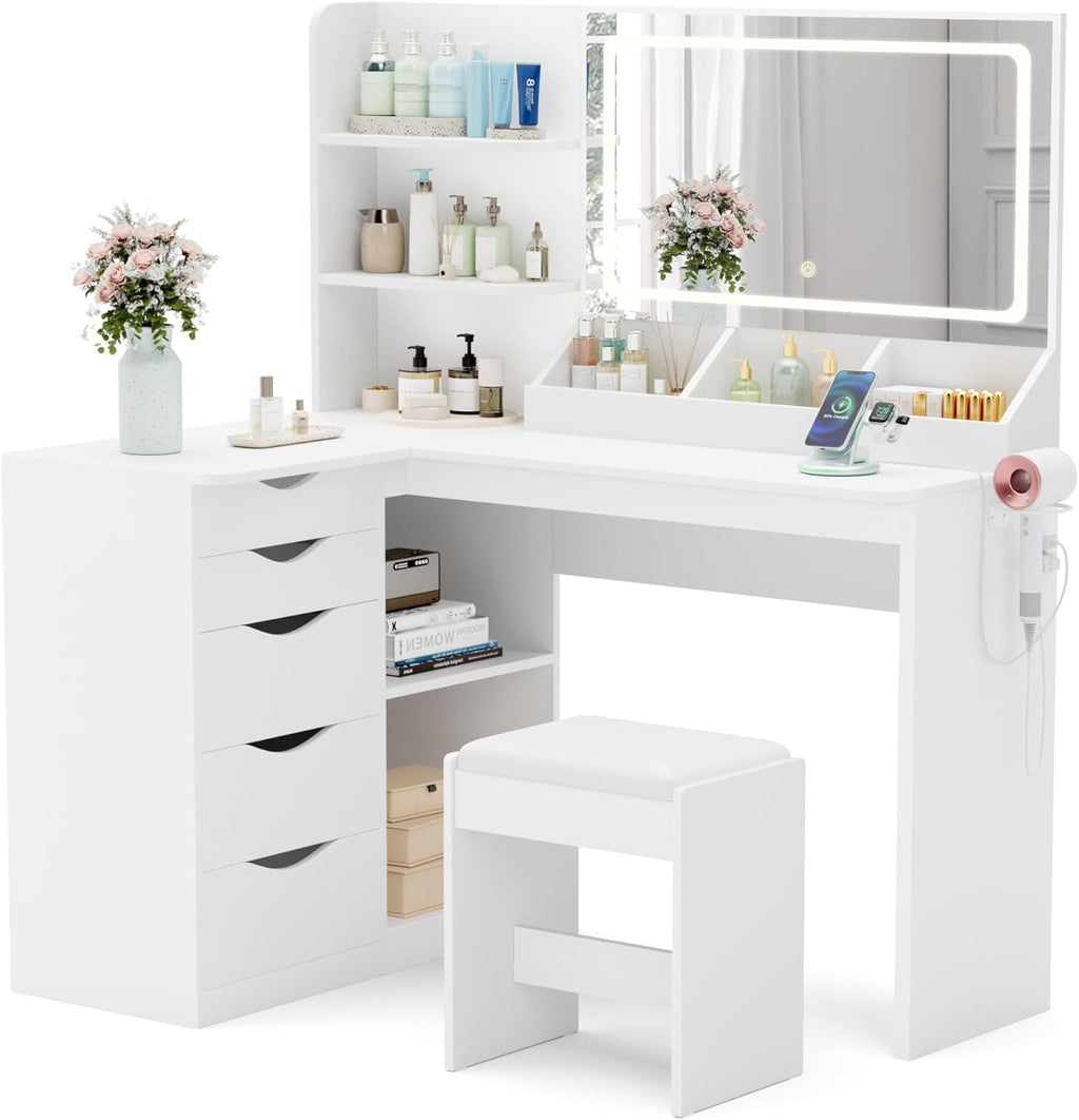 YESHOMY Vanity Desk with Lights and Mirror, L Shaped Makeup Table, Dresser with Hairdryer Holder and Power Outlet, Adjustable 3 Lighting Modes, 5 Drawers and Adjustabled Open Storage Shelves, White