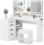 YESHOMY Vanity Desk with Lights and Mirror, L Shaped Makeup Table, Dresser with Hairdryer Holder and Power Outlet, Adjustable 3 Lighting Modes, 5 Drawers and Adjustabled Open Storage Shelves, White