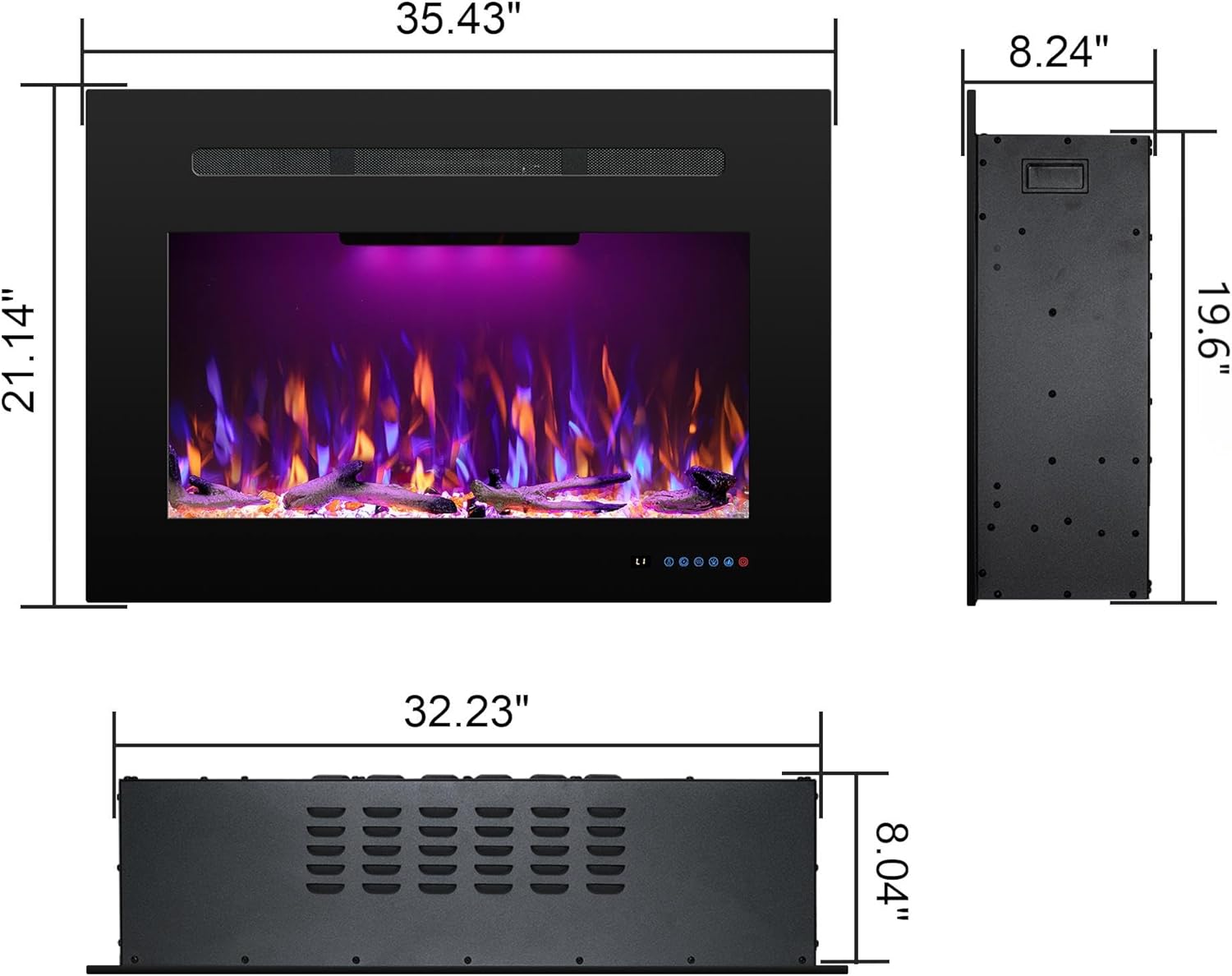 Electric Fireplace Inserts with 3 Flame & Top Light Color, Recessed Fireplace Heater with Thermostat, 750/1500W, Crackling Sound, Logs & Crystals, Timer, 32.2" W x 19.6" H Rear