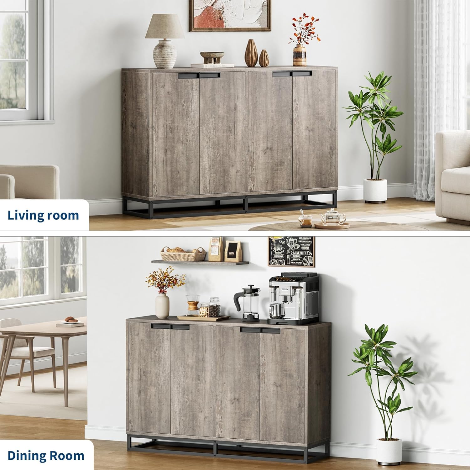 GAOMON 55" Buffet Cabinet, Large Sideboard Buffet Cabinet with Storage, Storage Cabinet with 4 Doors & Adjustable Shelves, Wood Coffee Bar for Living Room, Dining Room, Kitchen, Grey
