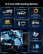KTC 32 Inch 4K Gaming Monitor  165Hz UHD (3840x2160P) Fast IPS Screen  1ms (MPRT)  Adaptive Sync  3000:1 Contrast 121% sRGB HDMI 2.1 Display Port 1.4  Tilt/Height Adjustment  VESA Mount  H32P22P