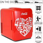 Coca Cola World 1971 Series Portable 6 Can Thermoelectric Mini Fridge Cooler/Warmer, 4 L/4.2 Quarts Capacity, 12V DC/240V AC for Home, Dorm, car, Boat, Beverages, Snacks, Skincare, Cosmetics