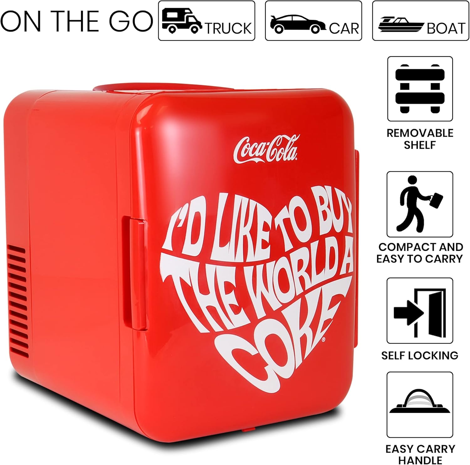 Coca Cola World 1971 Series Portable 6 Can Thermoelectric Mini Fridge Cooler/Warmer, 4 L/4.2 Quarts Capacity, 12V DC/240V AC for Home, Dorm, car, Boat, Beverages, Snacks, Skincare, Cosmetics