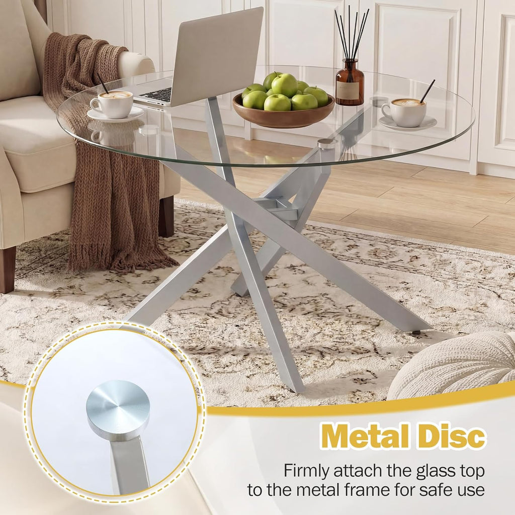 Giantex Round Glass Coffee Table, 31.5" Modern Center Table with Tempered Glass Top & Geometric Metal Frame, Clear Accent Cocktail Table, Small Coffee Table for Living Room, Small Spaces (Silver)