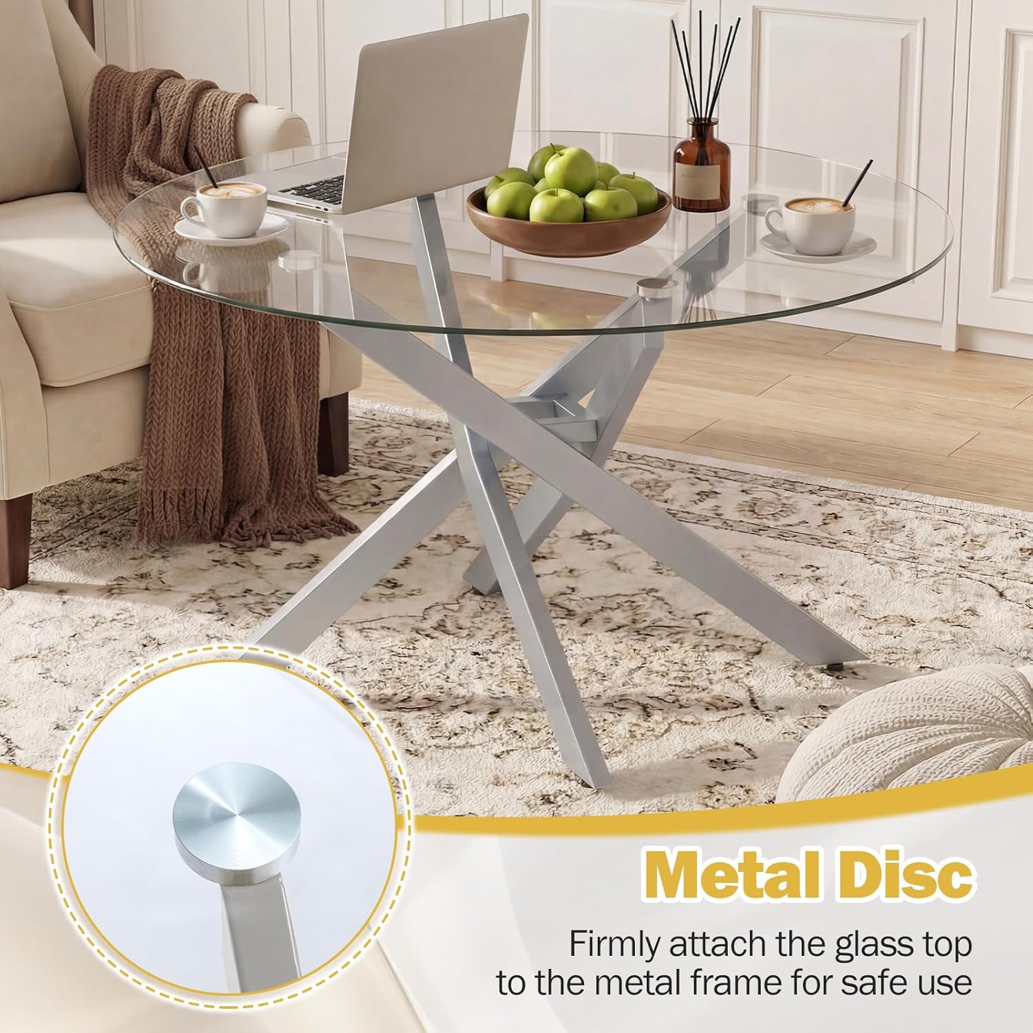 Giantex Round Glass Coffee Table, 31.5" Modern Center Table with Tempered Glass Top & Geometric Metal Frame, Clear Accent Cocktail Table, Small Coffee Table for Living Room, Small Spaces (Silver)