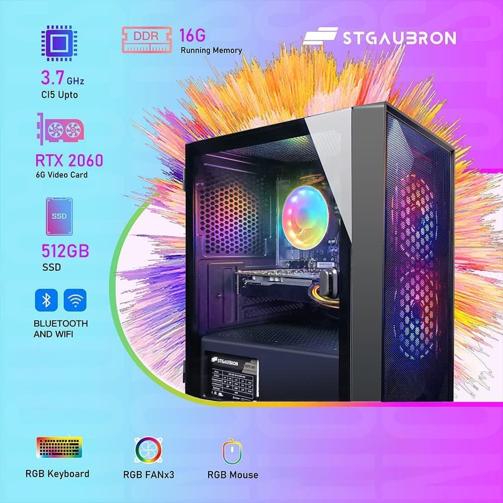 STGAubron Gaming PC Desktop Computer  Intel Core i5 up to 3.7GHz  GeForce RTX 2060 6G  16G RAM  512G SSD  WiFi 6  BT 5.0  RGB Fan x2  Windows 11 Home