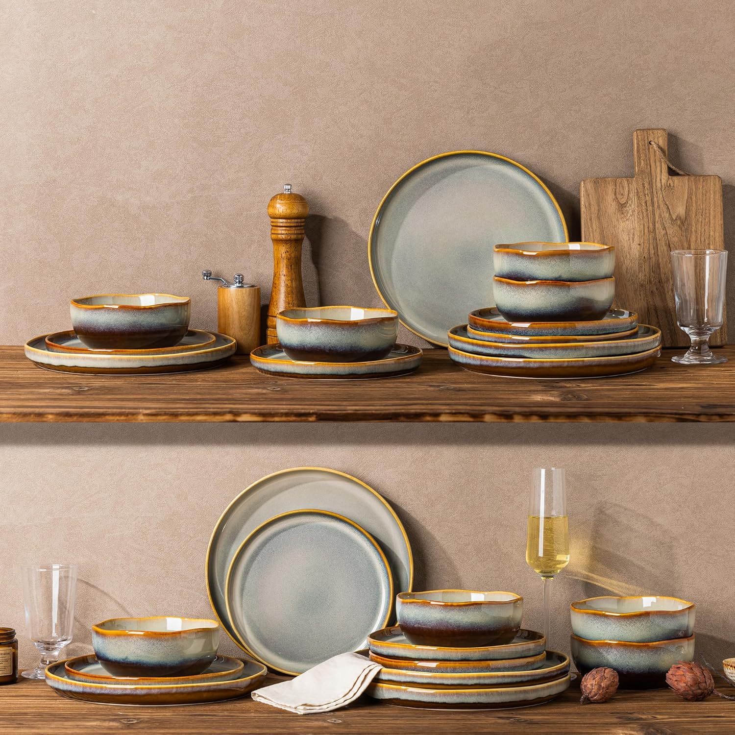 TheTerra Ceramic Dinnerware Sets for 4, 12 Pieces Handmade Reactive Glaze Plates and Bowls Sets, Scratch Resistant Dish Set, Oven & Microwave & Dishwasher Safe, Brown Blue