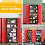 Greenvelly Metal Storage Cabinet, Steel Garage Cabinet with Doors and Adjustable Shelves, Metal Cabinet with Lock,Tall Metal Office Storage Cabinet for Garage,Home Office,School (Black Red)