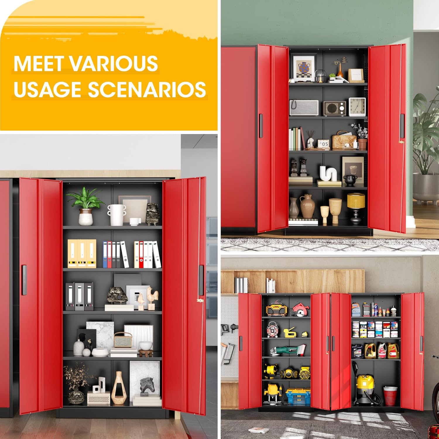 Greenvelly Metal Storage Cabinet, Steel Garage Cabinet with Doors and Adjustable Shelves, Metal Cabinet with Lock,Tall Metal Office Storage Cabinet for Garage,Home Office,School (Black Red)