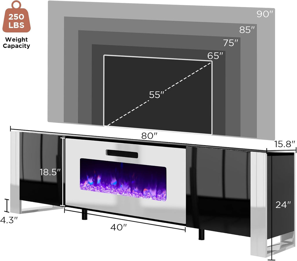 AMERLIFE Fireplace TV Stand with 40" Fireplace, 80" Modern Entertainment Center with High Gloss Doors & LED Lights, U-Shaped Legs TV Console Cabinet for TVs Up to 90", Black TV Stand White Fireplace