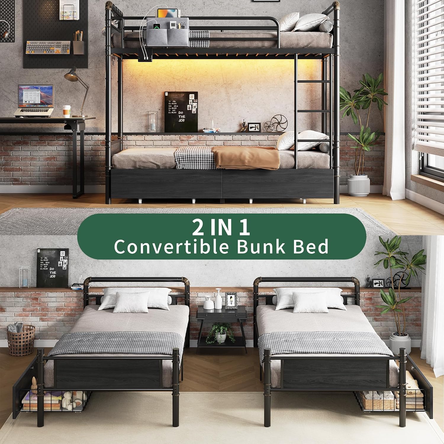 Metal LED Bunk Bed Twin Over Twin with 2 Storage Drawers, USB Charging Station, Industrial Bunkbeds Heavy Duty Bed with Safety Guardrail and Ladder, No Box Spring Needed, Black
