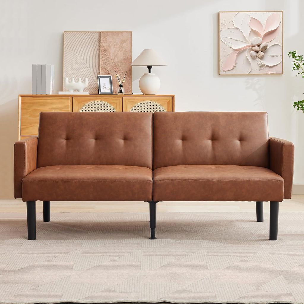 Garvee 75.5" Convertible Futon Sofa Bed, PU Leather Upholstered Futon Couch with Strong Legs, Mid Century Modern Sleeper Sofa, Comfy Loveseat for Living Room, Bedroom, Dorm, Brown