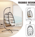 HWB Hanging Egg Chair with Stand, Patio Wicker Egg Swing Chair with Cushion for Bedroom Garden Indoor Outdoor (Beige)