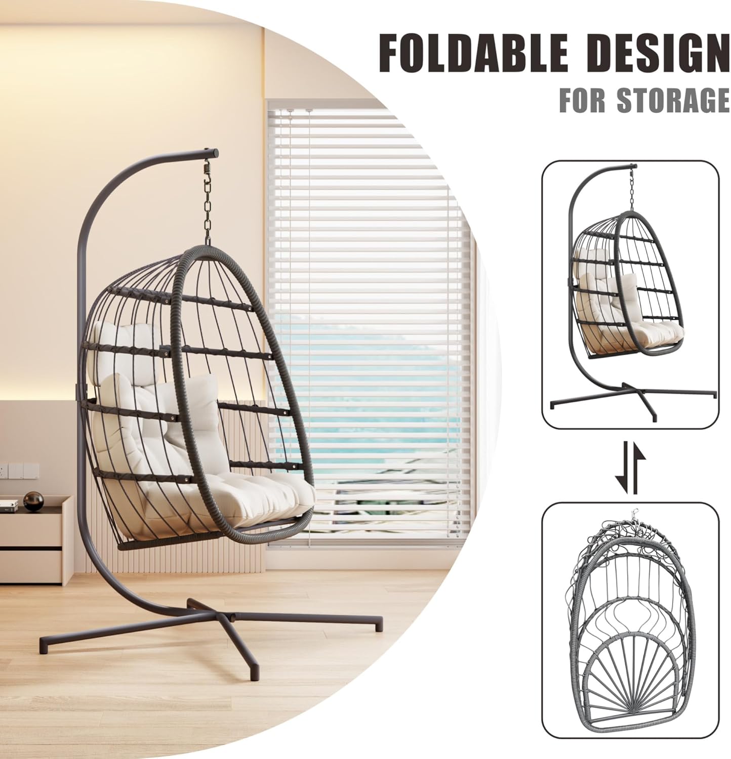 HWB Hanging Egg Chair with Stand, Patio Wicker Egg Swing Chair with Cushion for Bedroom Garden Indoor Outdoor (Beige)
