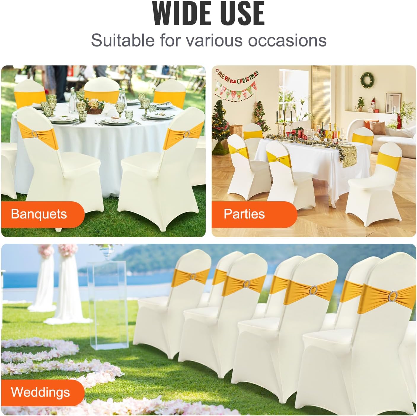 VEVOR 50 Pcs Flat-Front Chair Covers Polyester Spandex Chair Cover Stretch Slipcovers, Wedding, Holiday, Banquet, Party, Celebration, Dining, Beige