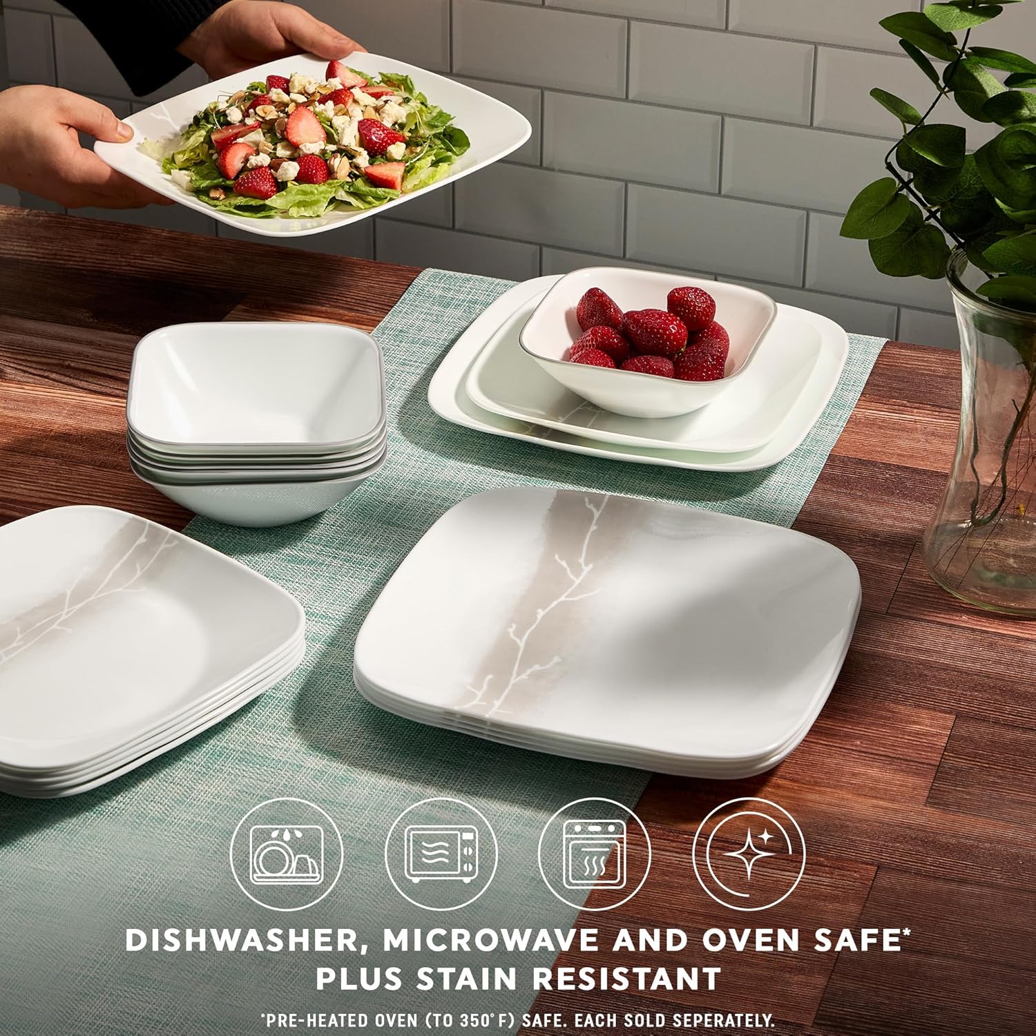Corelle Vitrelle 18 Piece Glass Dinnerware Sets Rectangular Square Plate and Bowl Set Service for 6, Triple Layer Chip & Crack Resistant Glass Plate and Bowl Sets, Wandering Grove