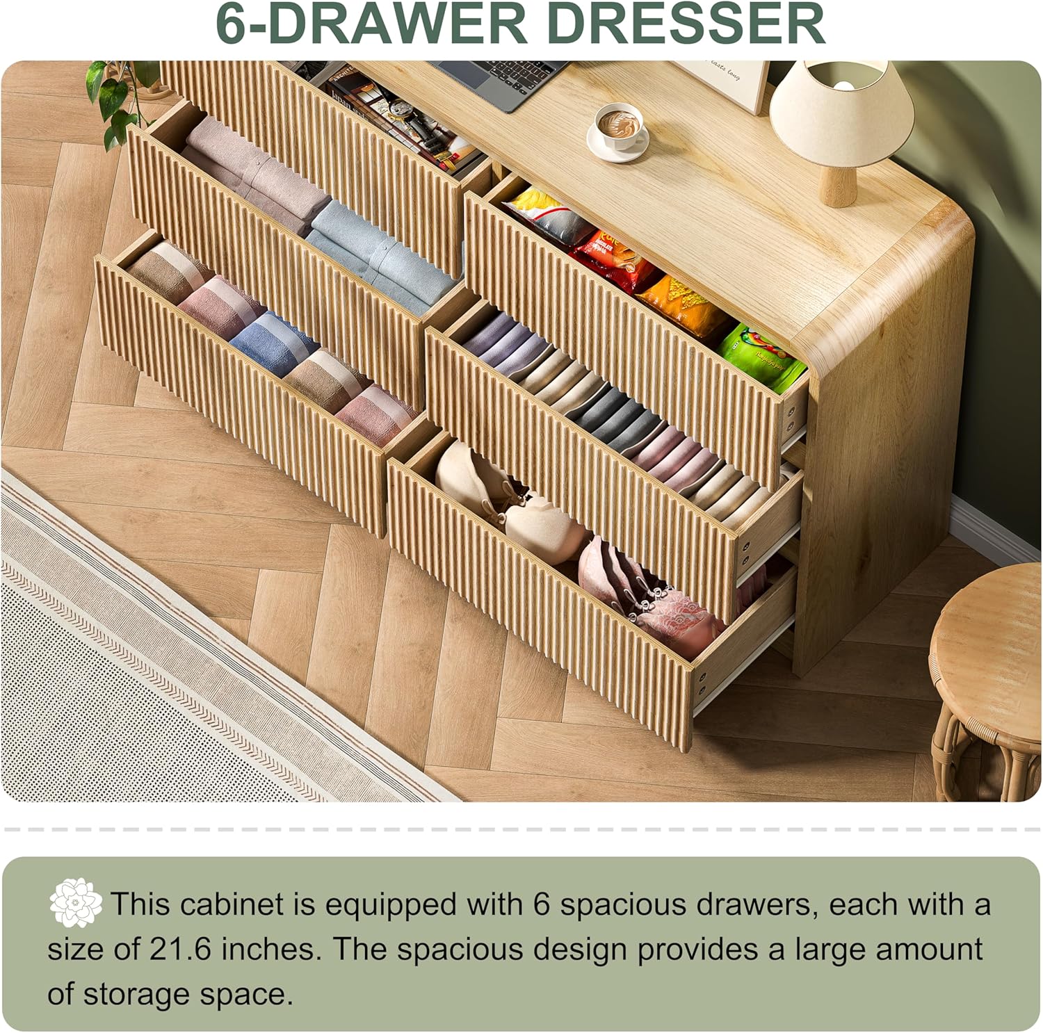 6 Drawer Dresser for Bedroom, Natural Wood Chest of Drawers Wide Versatile Storage Organizer with Fluted Panel for Living Room, Office, hallways, Kitchen Natural 6 Drawer