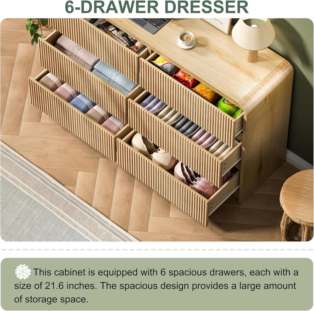 6 Drawer Dresser for Bedroom, Natural Wood Chest of Drawers Wide Versatile Storage Organizer with Fluted Panel for Living Room, Office, hallways, Kitchen Natural 6 Drawer