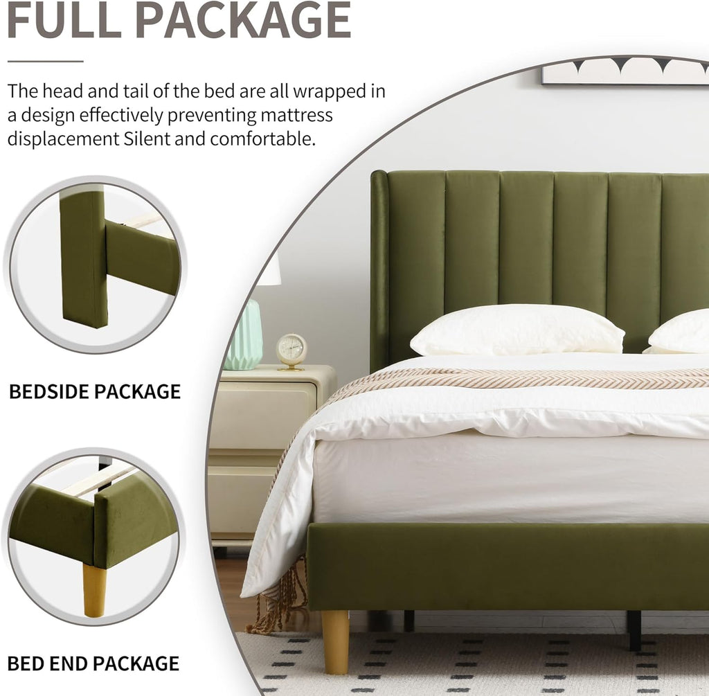 YUHUASHI upholstered Platform Bed Frame/Full Bed Frame/Modern Geometric Double-Wing Design headboard/Velvet Fabric/Easy to Assemble no Noise (Grass Green, Full)