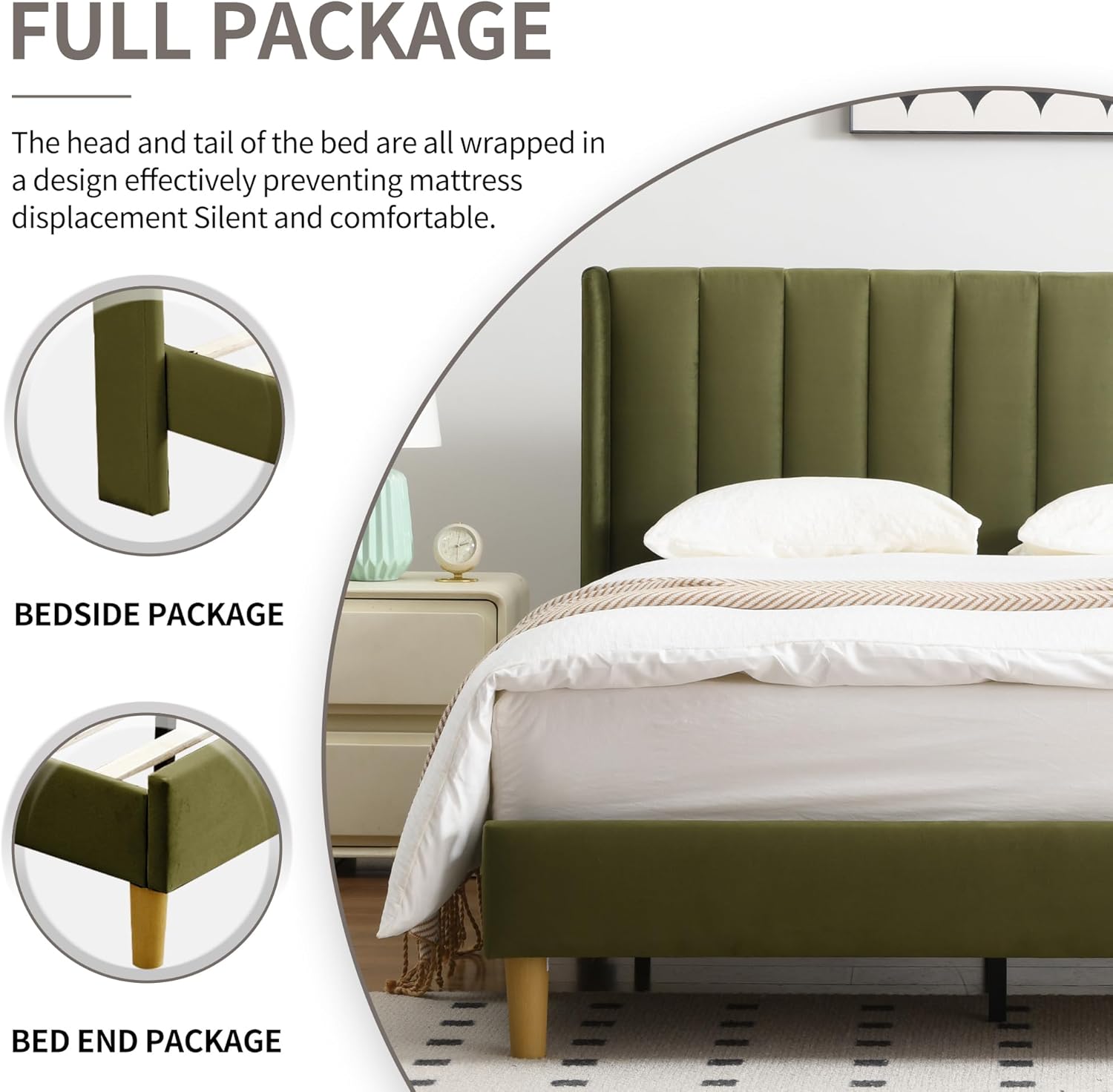 YUHUASHI upholstered Platform Bed Frame/Full Bed Frame/Modern Geometric Double-Wing Design headboard/Velvet Fabric/Easy to Assemble no Noise (Grass Green, Full)