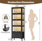 Display Cabinet with Glass Doors, 67" Metal Curio Cabinet with Drawer & 13-Color RGB LED Lights, 5-Tier Glass Display Case for Collectibles, Figure, Toys, Books, Black