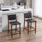 Counter Stools Set of 2 Modern 23.5" Counter Height Barstool with PU Leather Woven Strap Seat & Open Back Walnut Wood Color Chairs with Footrest for Home Bar/Dining Room/Kitchen Island, Black