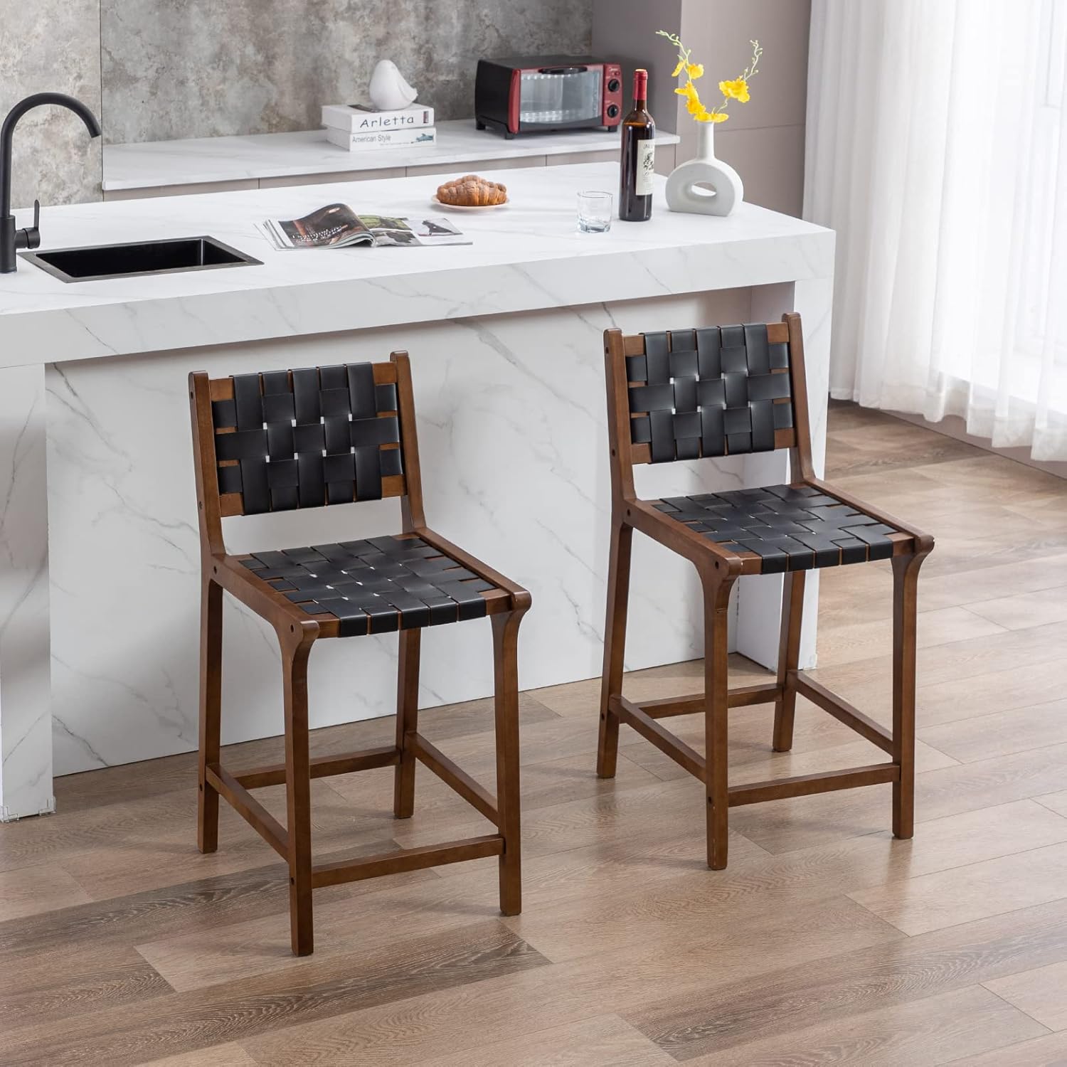 Counter Stools Set of 2 Modern 23.5" Counter Height Barstool with PU Leather Woven Strap Seat & Open Back Walnut Wood Color Chairs with Footrest for Home Bar/Dining Room/Kitchen Island, Black
